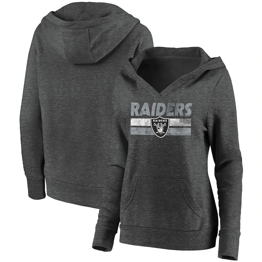 Women Oakland Raiders Fanatics Branded Heathered Charcoal First String V-Neck Pullover Hoodie